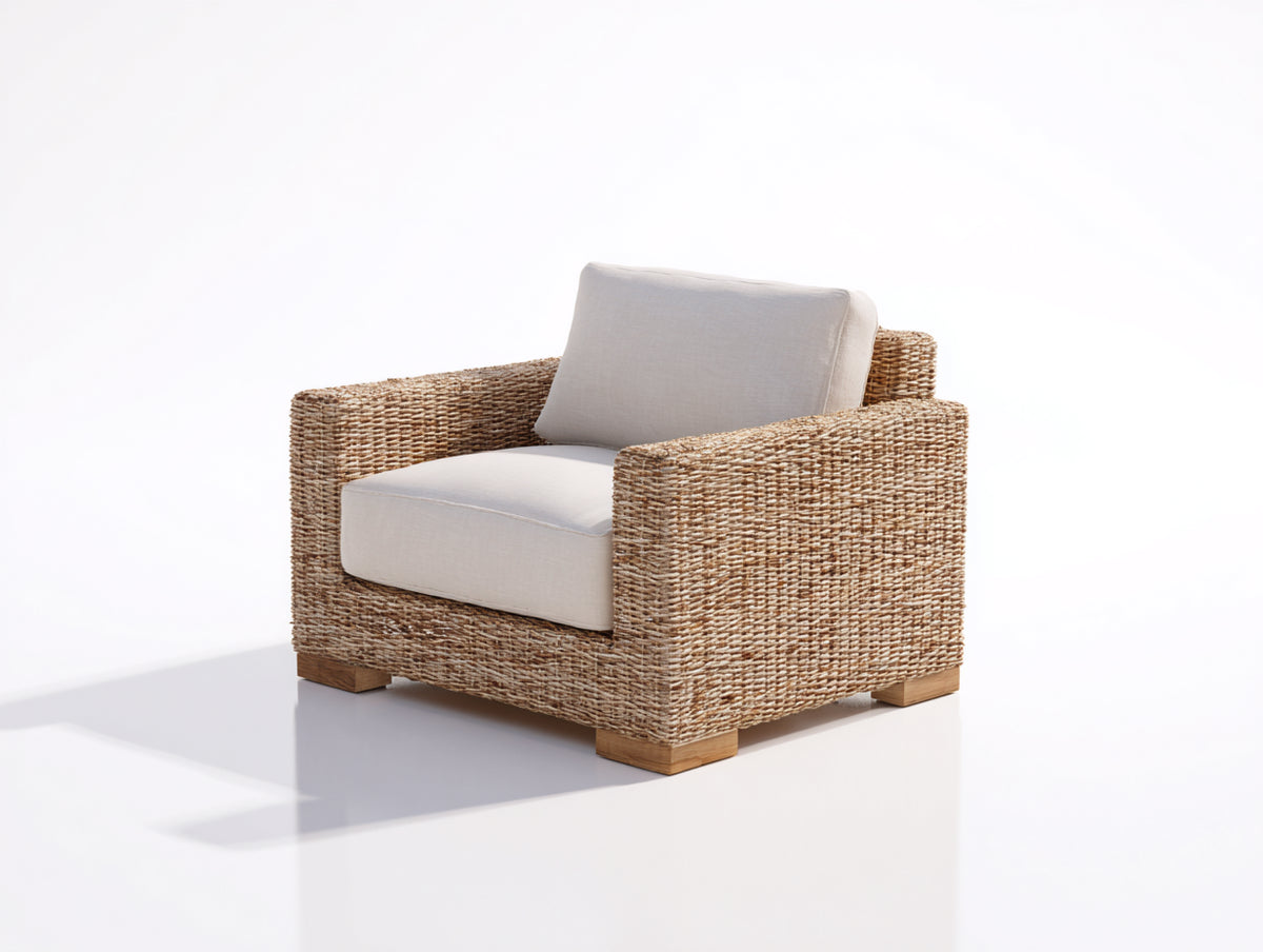 Polyrattan Gartensessel Polyrattan und Holz 85x85x80 cm - Naturbraun und Cremeweiß - Moderner Loungesessel mit breiten Armlehnen