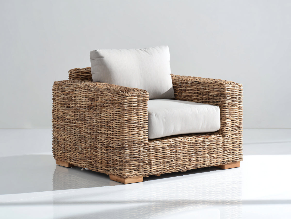 Polyrattan Gartensessel 90x85x80 cm - Naturbraun-Weiß - Breite Armlehnen und gepolsterte Sitzfläche im natürlichen Design