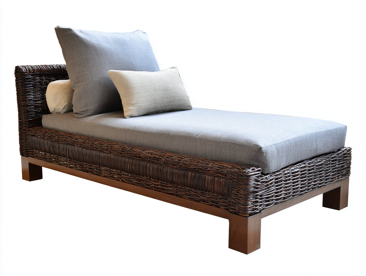 Sonnenliege Polyrattan und Holz 200x80x85 cm - Dunkelbraun und Hellgrau - Gepolsterte Gartenliege mit hoher Rückenlehne