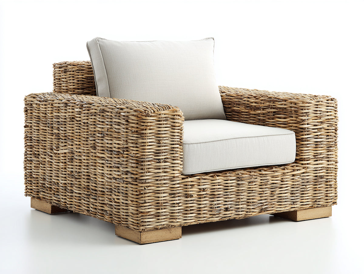 Polyrattan Gartensessel Polyrattan und Holz 90x88x82 cm - Naturbraun und Cremeweiß - Moderner Loungesessel mit breiten Armlehnen