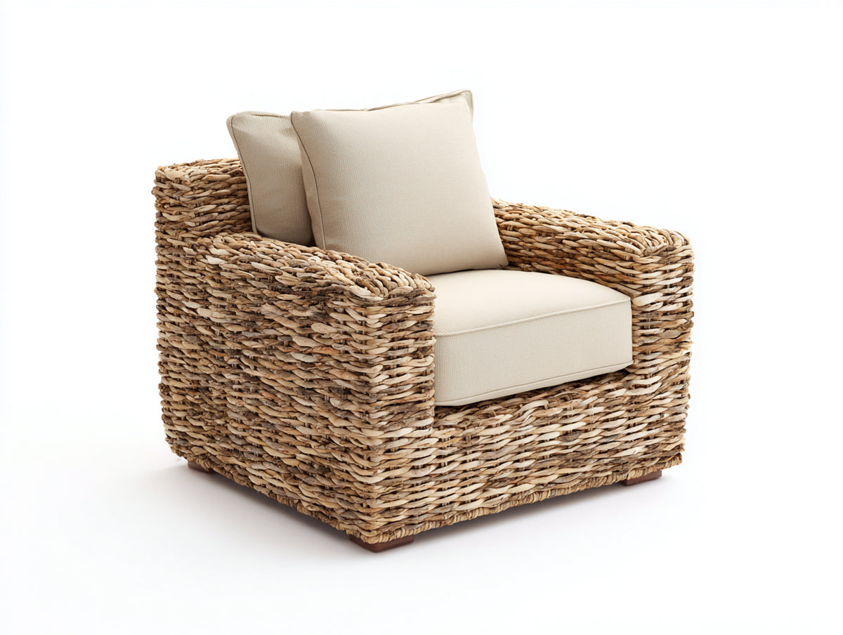 Polyrattan Gartensessel Polyrattan und Holz 92x90x82 cm - Naturbraun und Cremeweiß - Moderner Loungesessel mit breiten Armlehnen