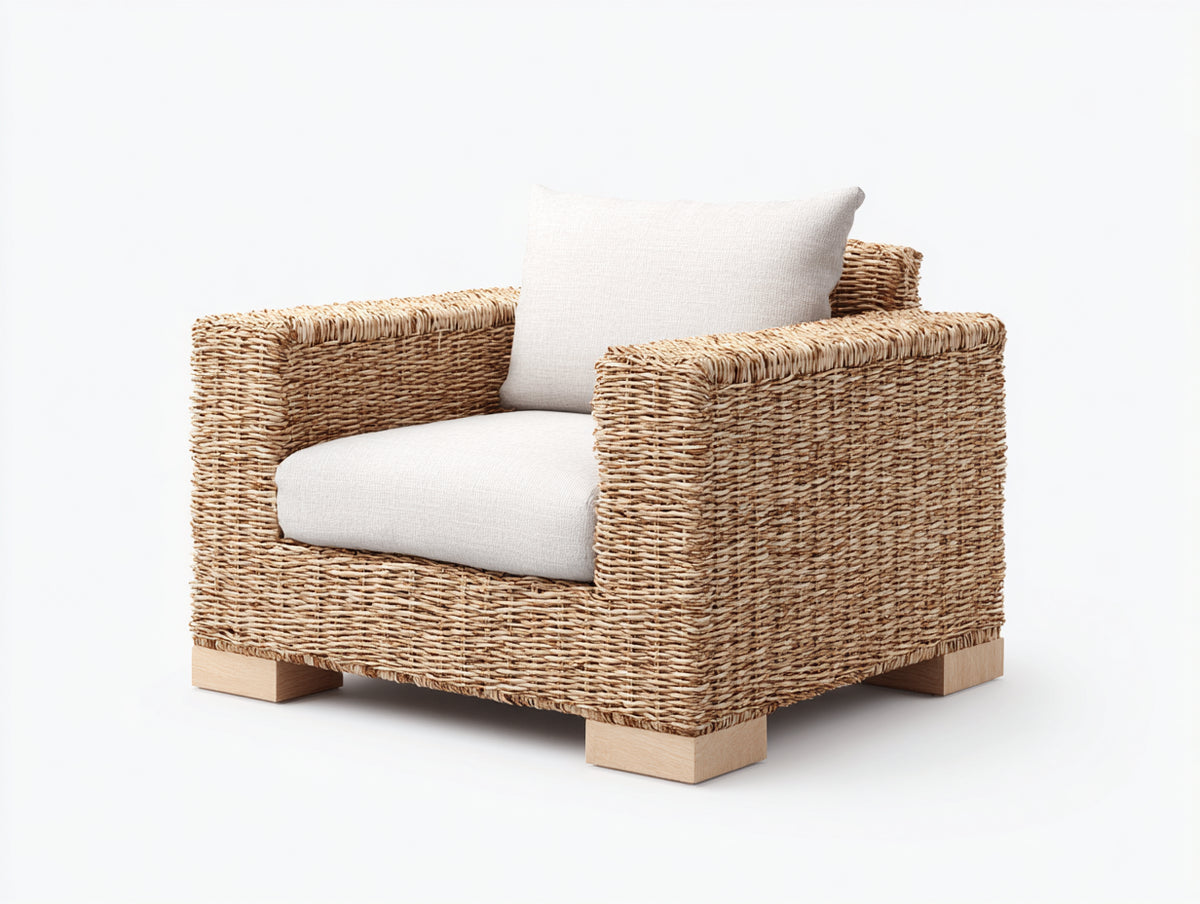 Polyrattan Gartensessel 88 x 84 x 82 cm - Natur-Cremeweiß - Geflecht mit breiten Armlehnen und gepolsterter Sitzfläche