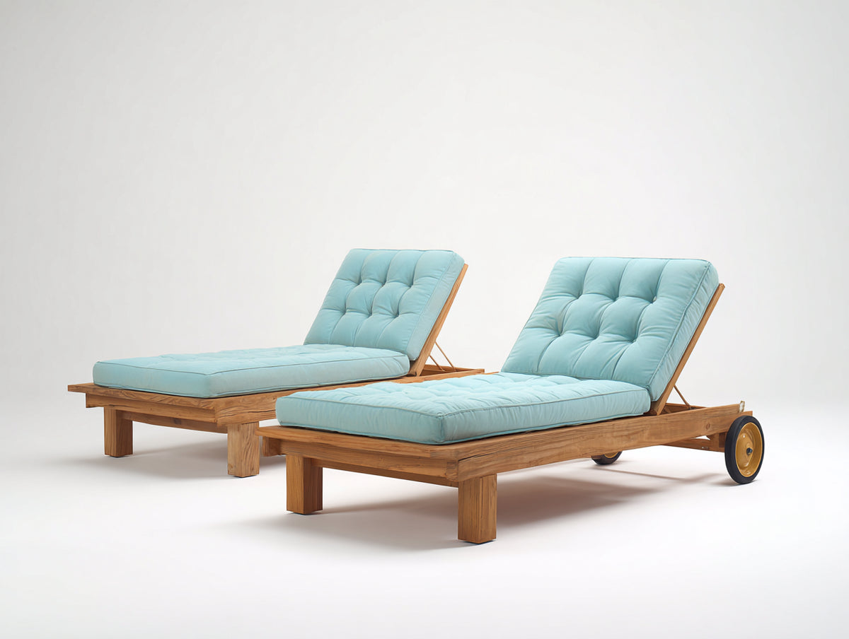 Sonnenliege Holz und Stoff 200x70x85 cm - Naturbraun und Hellblau - 2er Set mit verstellbarer Rückenlehne und Rollen