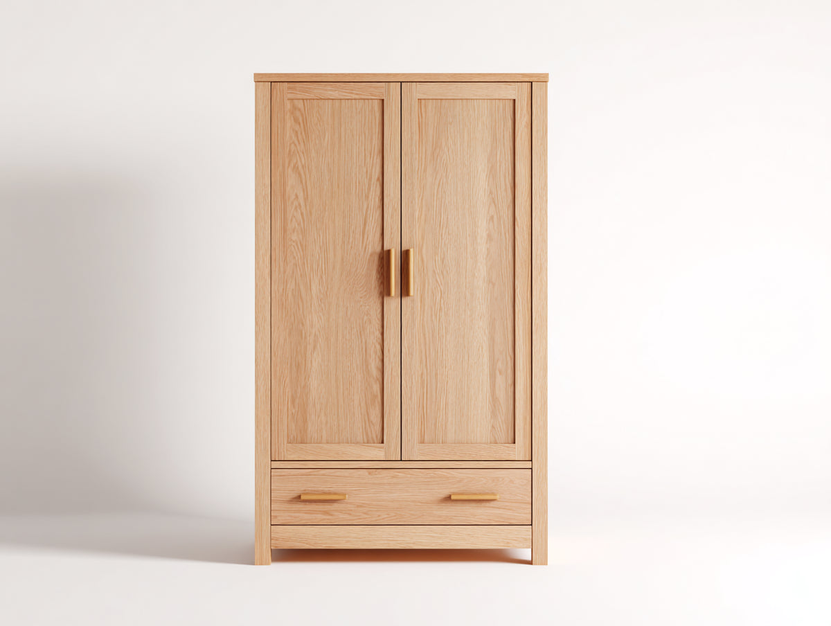 Kleiderschrank Massivholz 100x55x180 cm - Natur und Gold - Zweitüriger Kleiderschrank mit 1 Schublade
