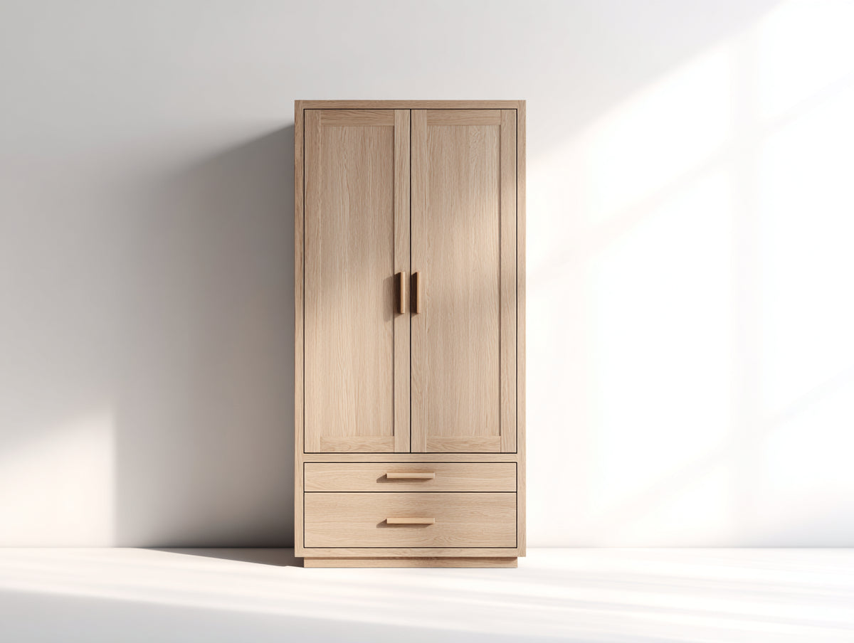 Kleiderschrank aus Holz 90 x 50 x 180 cm - Naturholzfarben - 2 Türen und 2 Schubladen im klassischen Stil