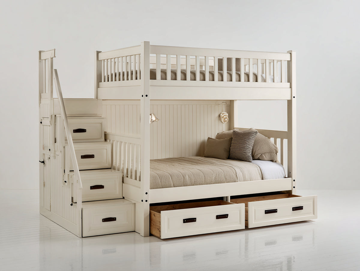 Etagenbetten aus Holz 250x100x170 cm - Weiß - 2 Schlafplätze mit 6 Schubladen und Treppe