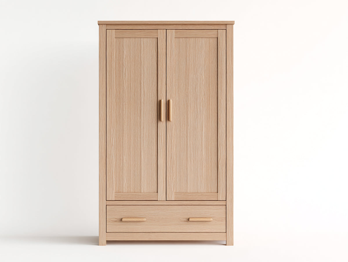 Kleiderschrank Massivholz 100x55x185 cm - Natur und Gold - Zweitüriger Kleiderschrank mit 1 Schublade