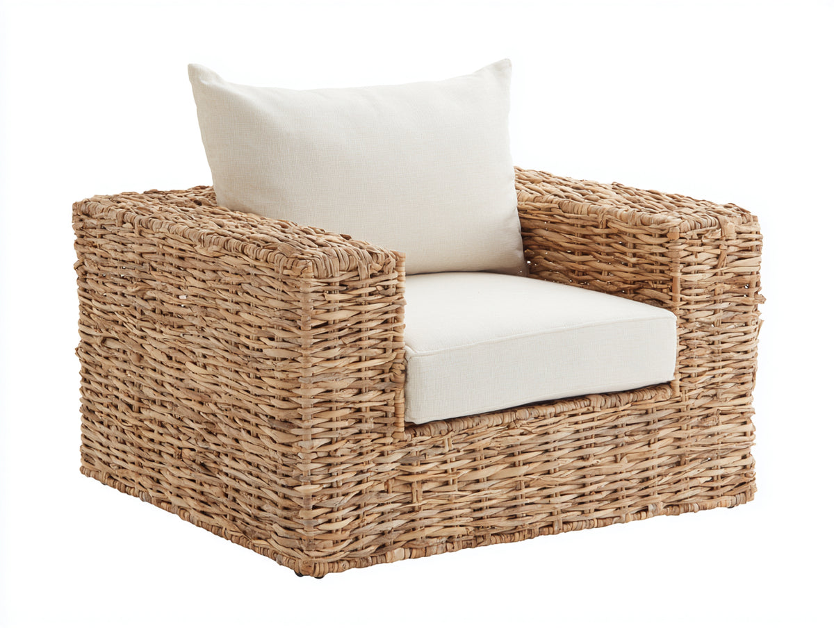 Polyrattan Gartensessel 90x85x80 cm - Naturbraun-Cremeweiß - Breite Armlehnen und gepolsterte Sitzfläche im natürlichen Design