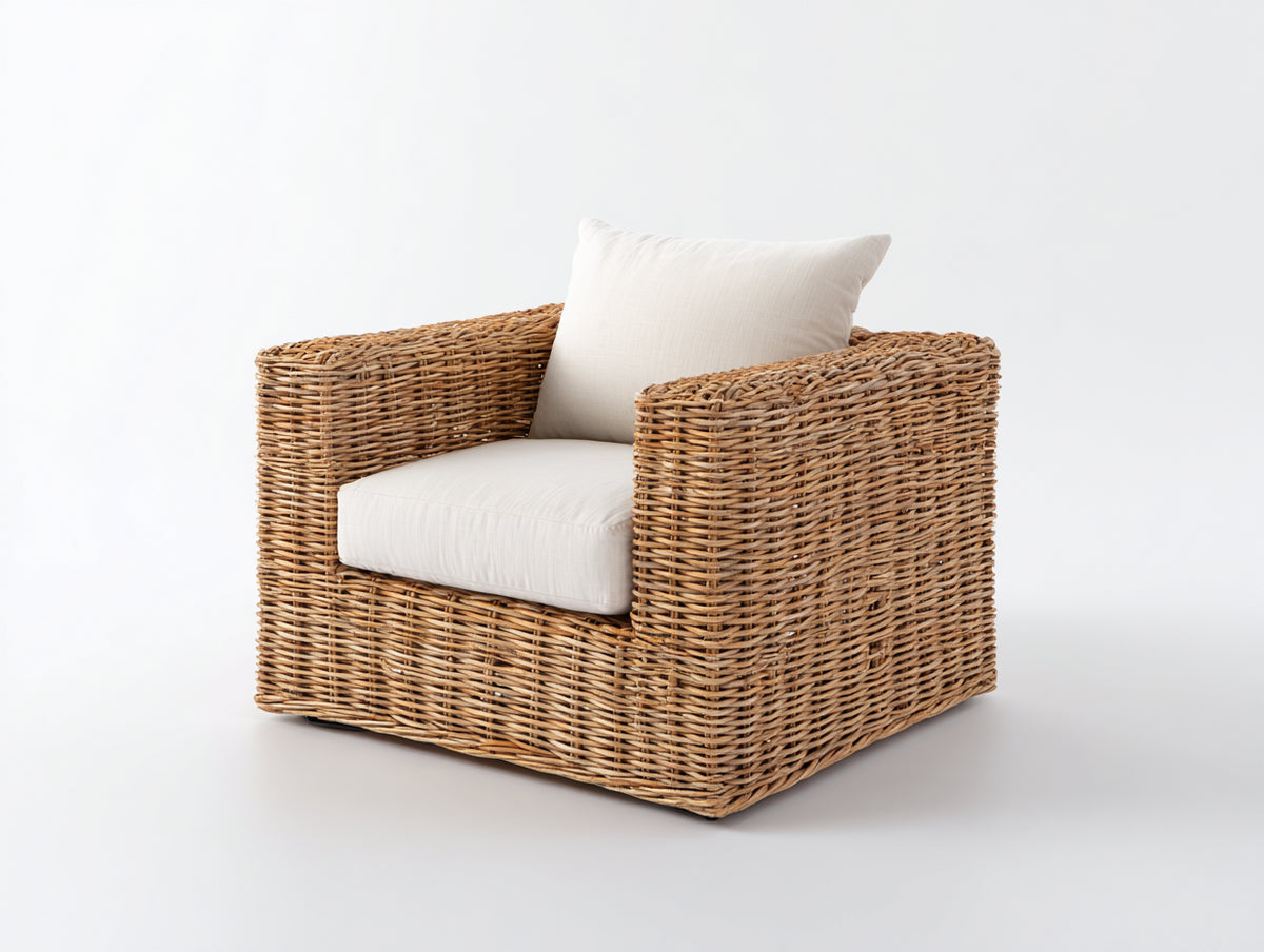 Polyrattan Gartensessel 88 x 84 x 82 cm - Natur-Cremeweiß - Geflecht mit breiten Armlehnen und gepolsterter Sitzfläche