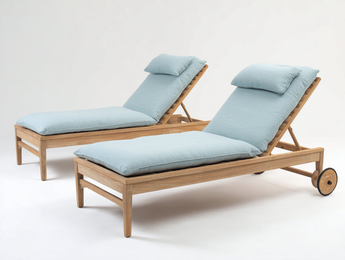 Sonnenliege 2er Set aus Holz 200x70x95 cm - Naturholz-Hellblau - Verstellbare Rückenlehne und Rollen