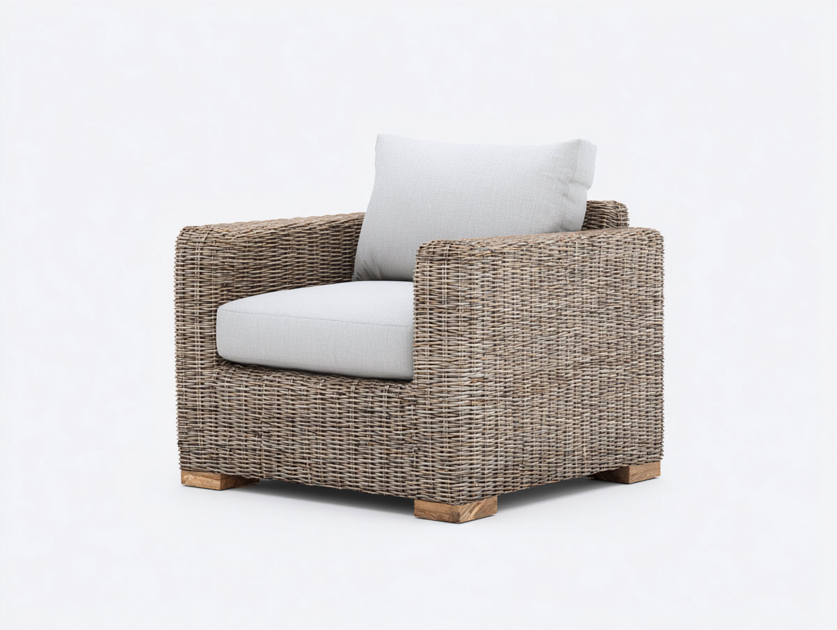 Polyrattan Gartensessel 90x85x80 cm - Graubraun-Hellgrau - Breite Armlehnen und gepolsterte Sitzfläche im modernen Naturdesign