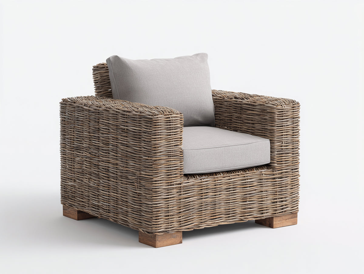 Polyrattan Gartensessel 88 x 84 x 82 cm - Natur-Grau - Geflecht mit breiten Armlehnen und gepolsterter Sitzfläche