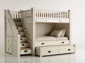 Etagenbetten Massivholz 250x110x180 cm - Cremeweiß und Naturbraun - Etagenbett mit Treppe Stauraum und Ausziehbett