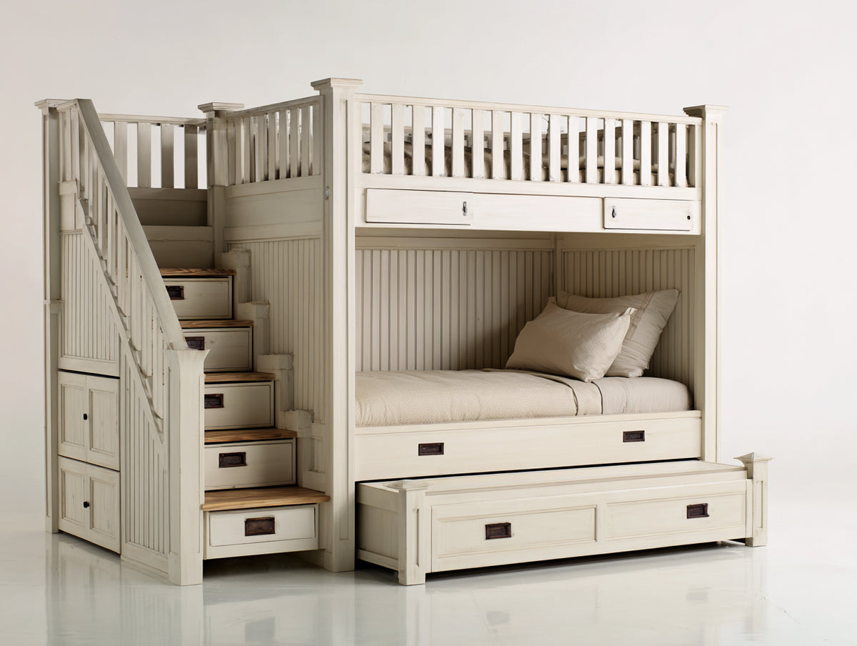 Etagenbetten Massivholz 250x110x180 cm - Cremeweiß und Naturbraun - Etagenbett mit Treppe Stauraum und Ausziehbett