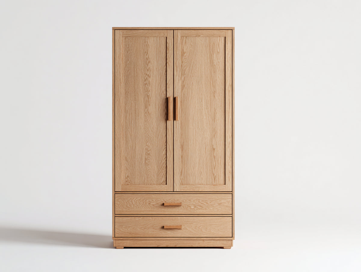 Kleiderschrank aus Holz 90 x 55 x 180 cm - Naturholz - 2 Türen und 2 Schubladen