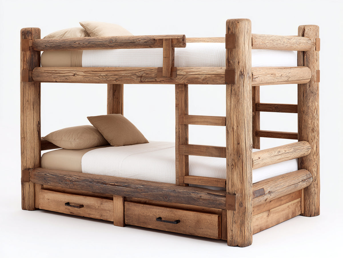 Etagenbett aus Holz 210 x 105 x 175 cm - Natur - rustikales Design mit Leiter und 2 Schubladen