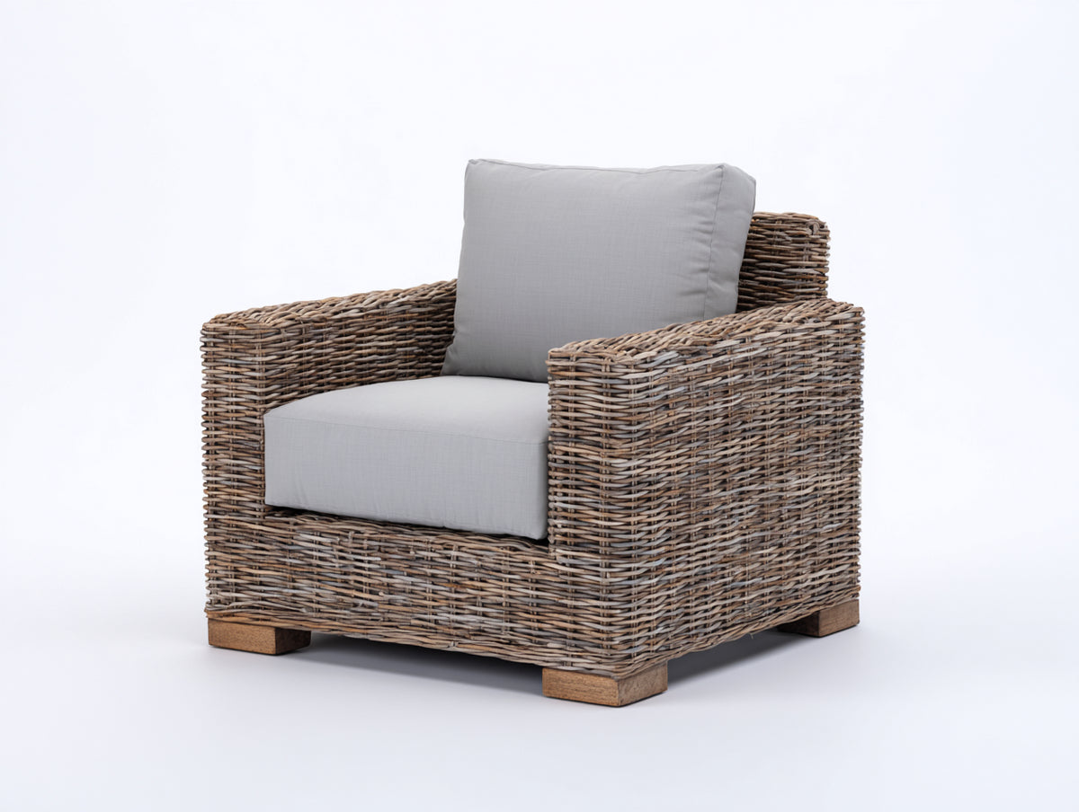 Polyrattan Gartensessel Polyrattan und Holz 88x86x82 cm - Naturbraun und Hellgrau - Moderner Loungesessel mit breiten Armlehnen