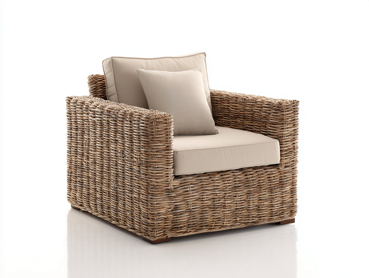 Polyrattan Gartensessel 90x85x80 cm - Naturbraun-Beige - Breite Armlehnen und gepolsterte Sitzfläche im natürlichen Design