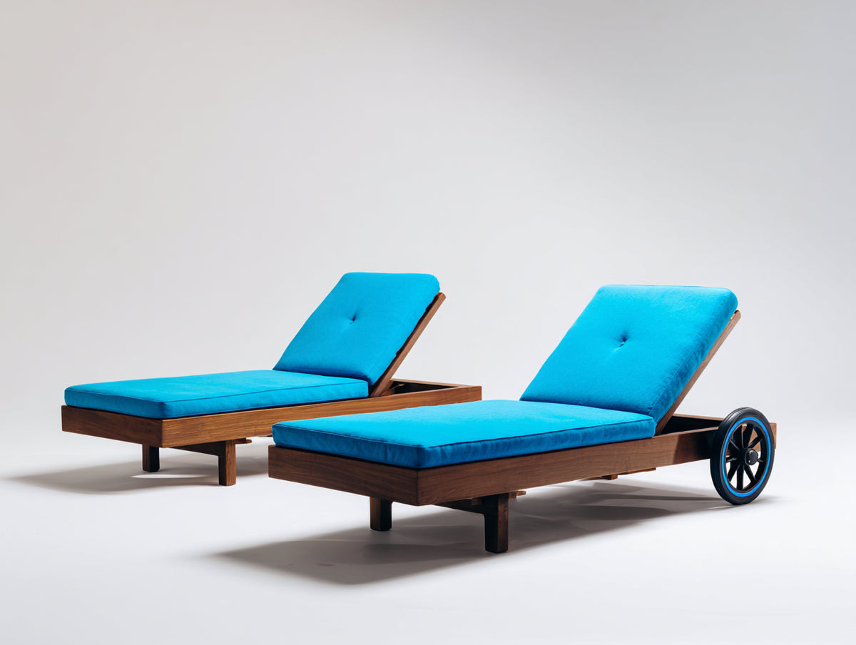 Sonnenliege Holz und Stoff 200x70x85 cm - Dunkelbraun und Türkisblau - 2er Set mit verstellbarer Rückenlehne und Rollen